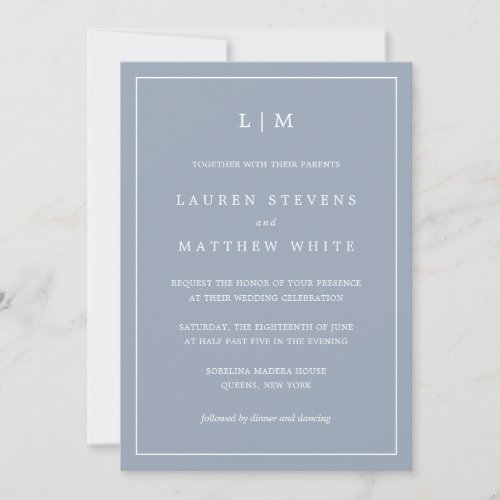 Lauren Dusty Blue Monogram Elegant Wedding Invitation