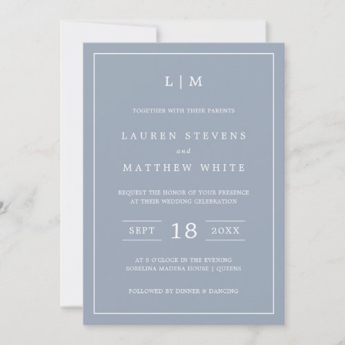 Lauren Dusty Blue Monogram Elegant Wedding Invitation