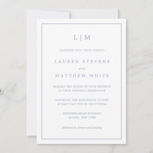 Lauren Dusty Blue Monogram Elegant Wedding Invitation