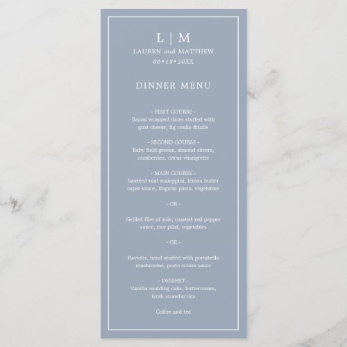 Lauren Dusty Blue Monogram Elegant Wedding Menu