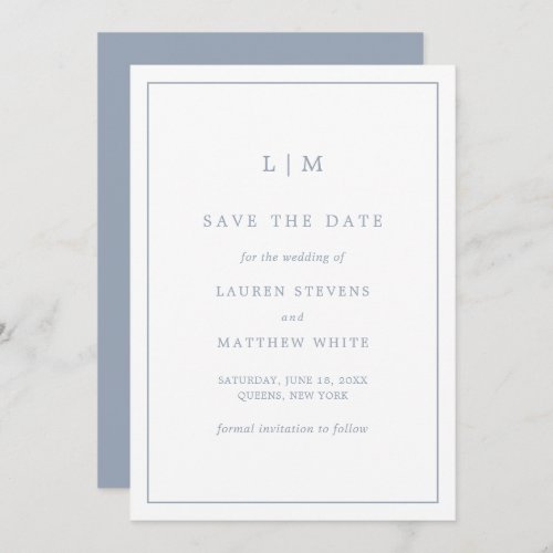 Lauren Dusty Blue Monogram Elegant Wedding Save The Date