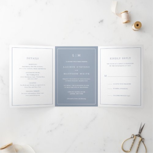 Lauren Dusty Blue Monogram Elegant Wedding Tri_Fold Invitation