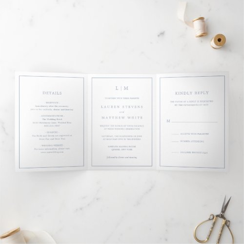 Lauren Dusty Blue Monogram Elegant Wedding Tri_Fold Invitation