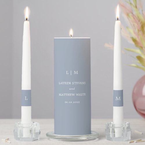 Lauren Dusty Blue Monogram Elegant Wedding Unity Candle Set
