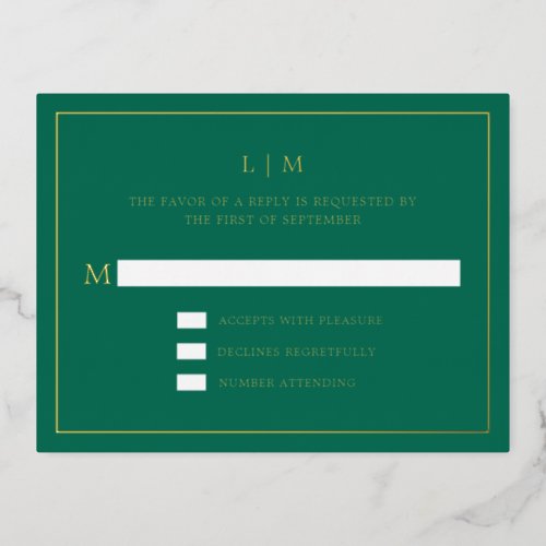 Lauren Emerald Green Monogram Elegant Wedding Foil Invitation Postcard