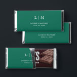 Lauren Emerald Green Monogram Elegant Wedding Hershey Bar Favors<br><div class="desc">Simple personalized Hershey's Bar Wedding Favors featuring a modern yet elegant design with your two letter monogram along with your names and date in white over a jewel tone emerald green background. The back has your personalized message. The font and background colors may be changed to any colors you wish...</div>