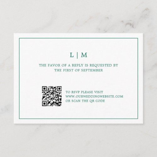 Lauren Emerald Green Monogram Elegant Wedding RSVP Card