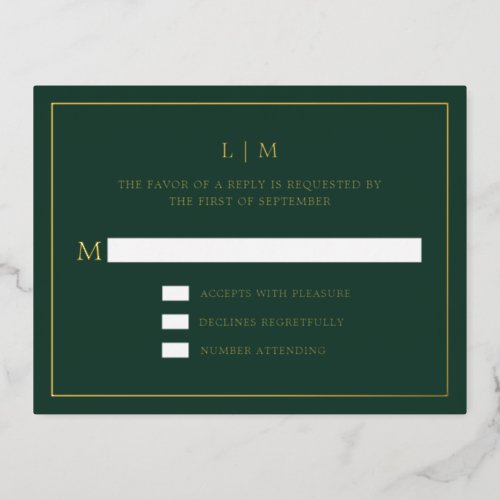 Lauren Forest Green Monogram Elegant Wedding Foil Invitation Postcard