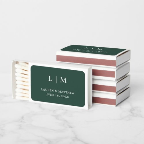 Lauren Forest Green Monogram Elegant Wedding Matchboxes