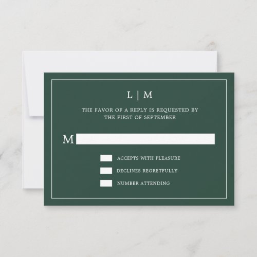 Lauren Forest Green Monogram Elegant Wedding RSVP Card