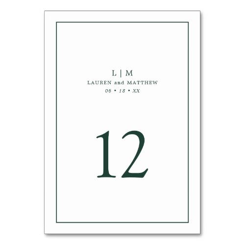 Lauren Forest Green Monogram Elegant Wedding Table Number