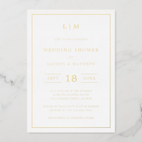 Lauren Gold Monogram Elegant Wedding Shower Foil Invitation