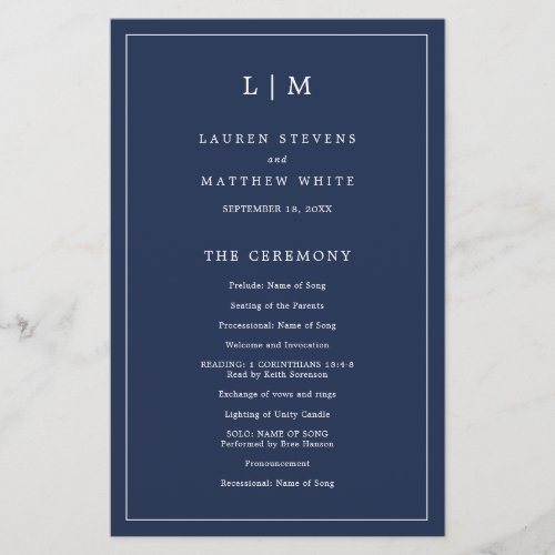 Lauren Navy Blue Monogram Elegant Wedding Flyer