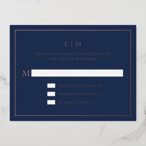 Lauren Navy Blue Monogram Elegant Wedding Foil Invitation Postcard