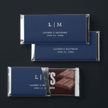 Lauren Navy Blue Monogram Elegant Wedding Hershey Bar Favors<br><div class="desc">Simple personalized Hershey's Bar Wedding Favors featuring a modern yet elegant design with your two letter monogram along with your names and date in white over a navy blue background. The back has your personalized message. The font and background colors may be changed to any colors you wish by clicking...</div>