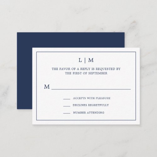 Lauren Navy Blue Monogram Elegant Wedding Note Card