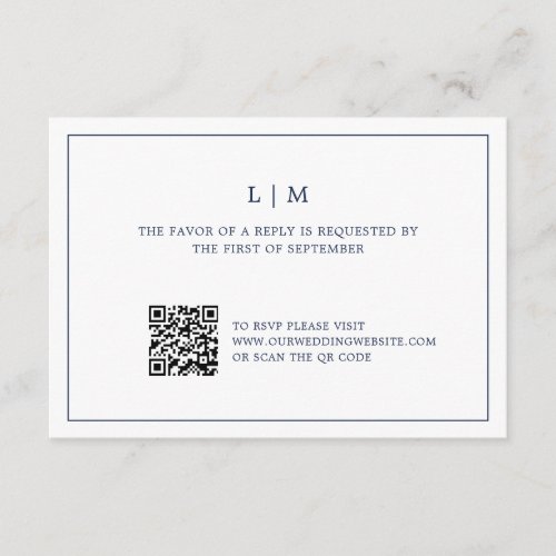 Lauren Navy Blue Monogram Elegant Wedding RSVP Card