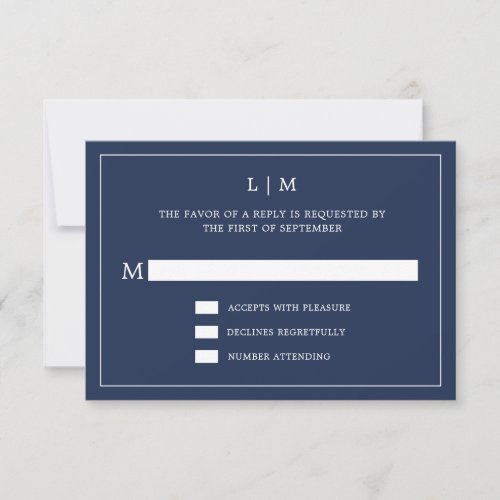 Lauren Navy Blue Monogram Elegant Wedding RSVP Card