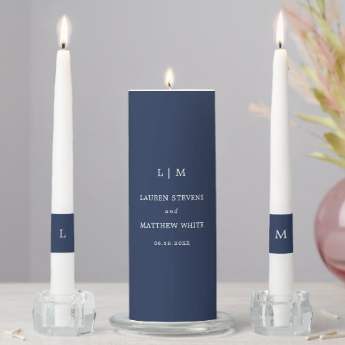 Lauren Navy Blue Monogram Elegant Wedding Unity Candle Set