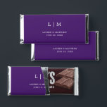 Lauren Purple Monogram Elegant Wedding Hershey Bar Favors<br><div class="desc">Simple personalized Hershey's Bar Wedding Favors featuring a modern yet elegant design with your two letter monogram along with your names and date in white over a royal purple background. The back has your personalized message. The font and background colors may be changed to any colors you wish by clicking...</div>