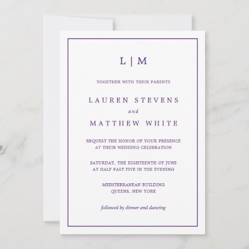 Lauren Purple Monogram Elegant Wedding Invitation