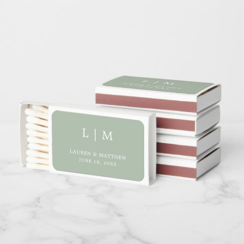 Lauren Sage Green Monogram Elegant Wedding Matchboxes