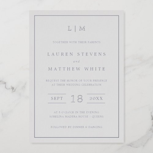 Lauren Silver Monogram Elegant Wedding Foil Invitation