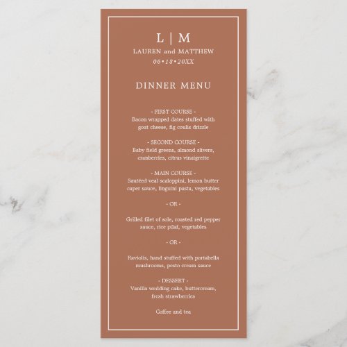 Lauren Terracotta Monogram Elegant Wedding Menu