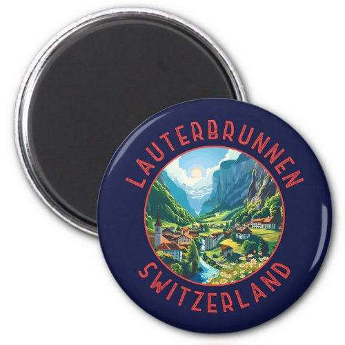 Lauterbrunnen Switzerland Retro Distressed Circle Magnet