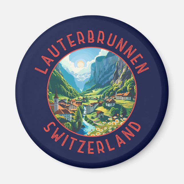 Lauterbrunnen Switzerland Retro Distressed Circle Magnet (Front)