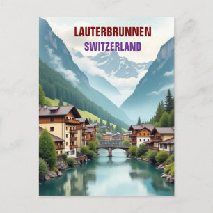 Lauterbrunnen Switzerland vintage Travel Art  Postcard
