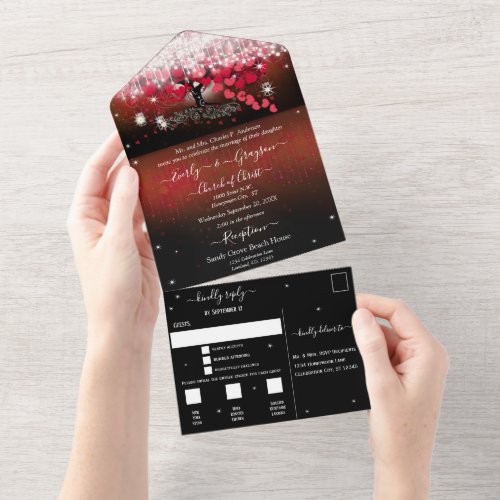 Lava Fall Fairy Light Red Heart Leaf Tree Wedding All In One Invitation