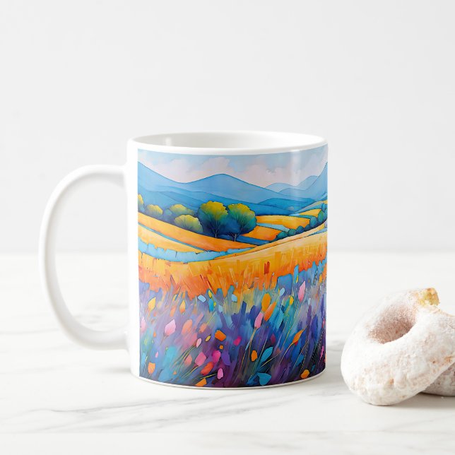 "Lavande Serenité". Wide Landscape Provence Coffee Mug (With Donut)