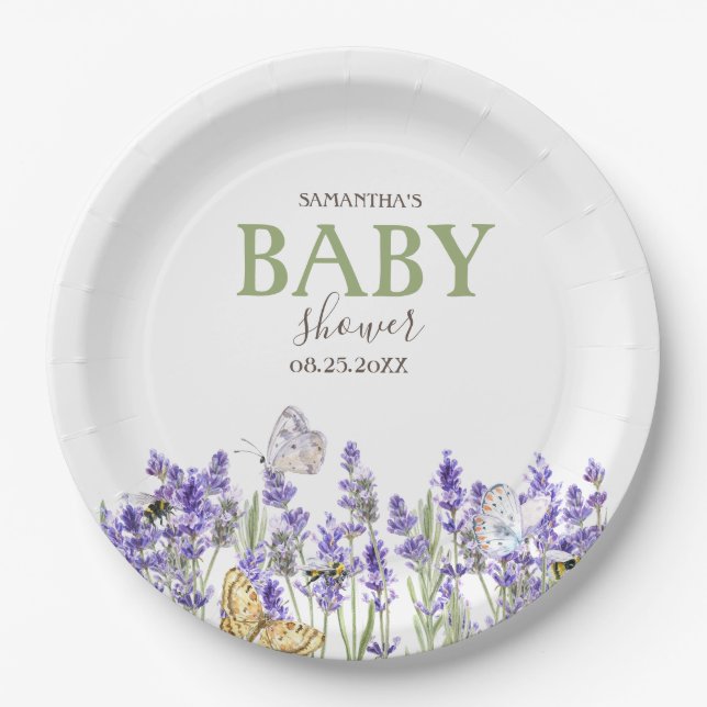 Lavander Butterflies Botanical Baby Shower   Paper Plates (Front)