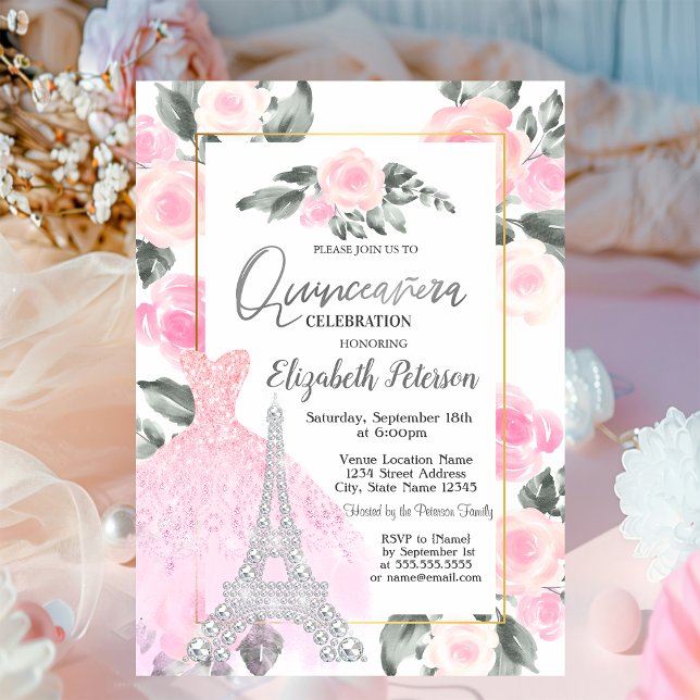 Lavander Dress,Eiffel Tower Floral Quinceañera  Invitation (Creator Uploaded)