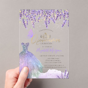  Lavander,String Lights,Glitter Dress Quinceanera Acrylic Invitations