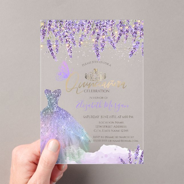  Lavander,String Lights,Glitter Dress Quinceanera Acrylic Invitations (Insitu (Handheld))
