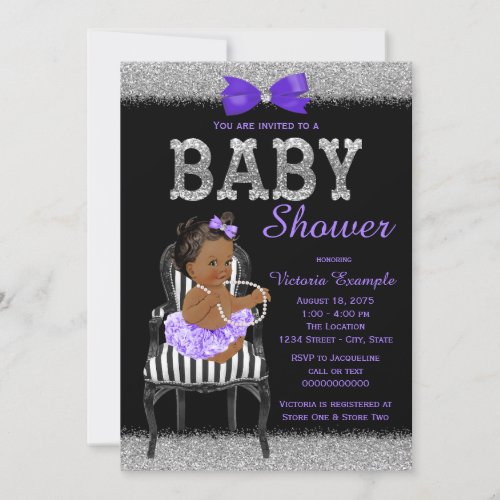 Lavend Purple Black Silver Ethnic Girl Baby Shower Invitation
