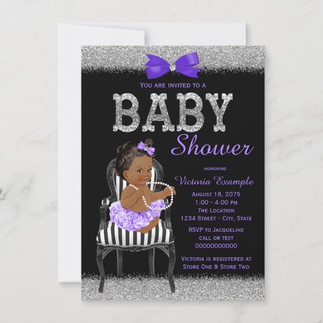 Lavend Purple Black Silver Ethnic Girl Baby Shower Invitation (Front)