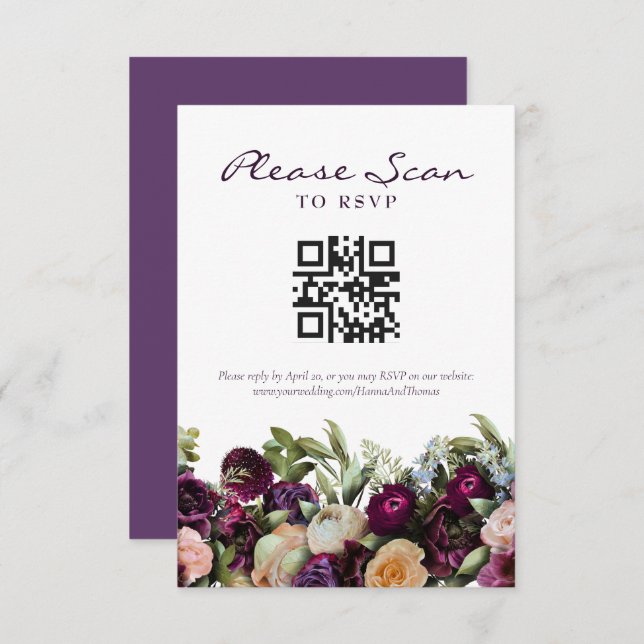 Lavendar Dark Floral Wedding QR Code RSVP Card (Front/Back)