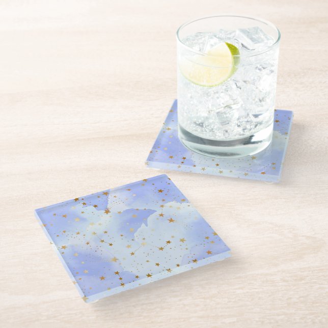 Lavendar Golden Star Pattern Glass Coaster (Angled)