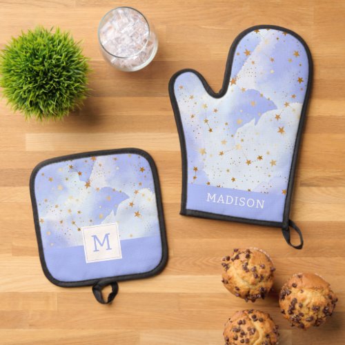 Lavendar Golden Star Pattern Oven Mitt  Pot Holder Set