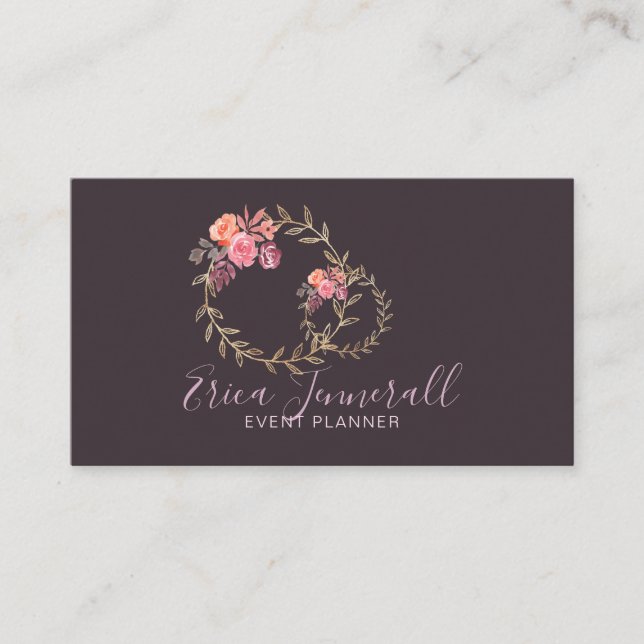 Lavendar Gray Floral Wreath Blooms Event Planner Business Card (Front)