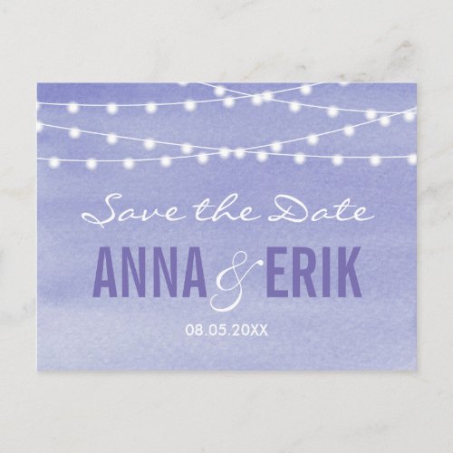 Lavendar Watercolor String Lights Save The Date Announcement Postcard