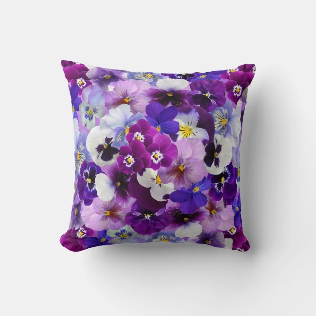 Lavendar, White, Purple Pansy Floral Pillow (Front)