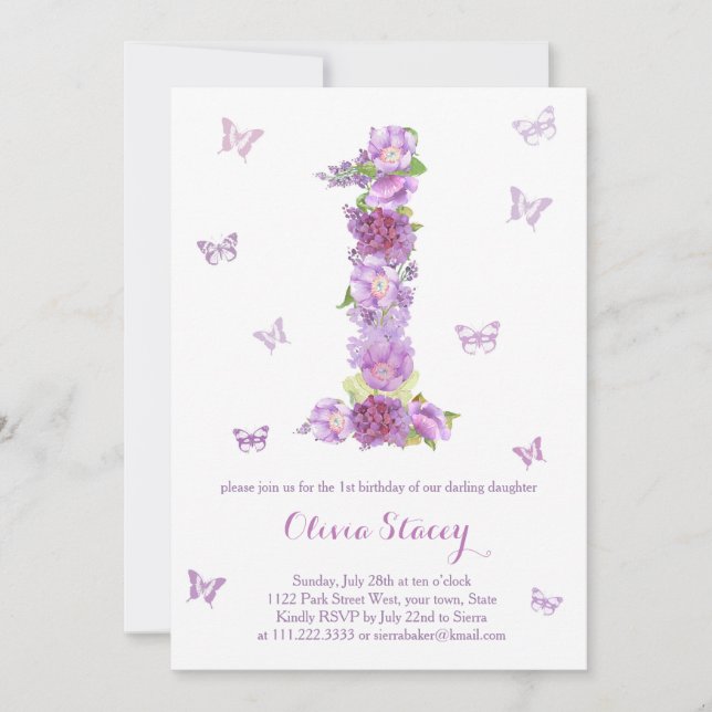 Lavender 1st Birthday Invitations with butterflies (Front)