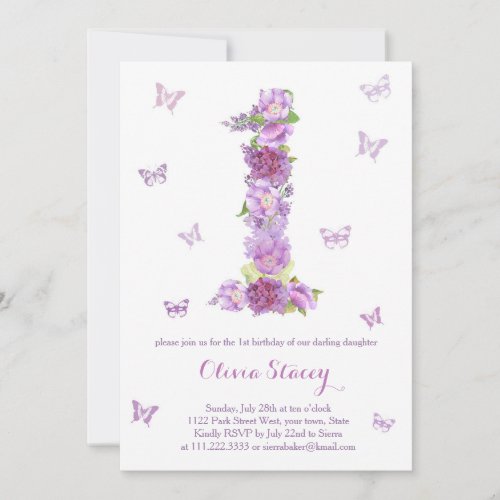 Lavender 1st Birthday Invitations with butterflies
