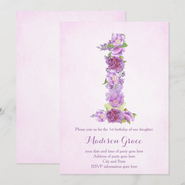 lavender 1st birthday invites, first birthday invitation (Front/Back)