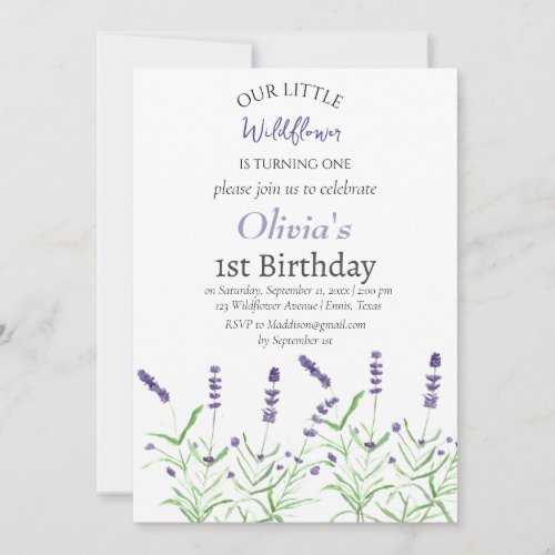 Lavender 1st First Birthday Girl Purple Floral  Invitation