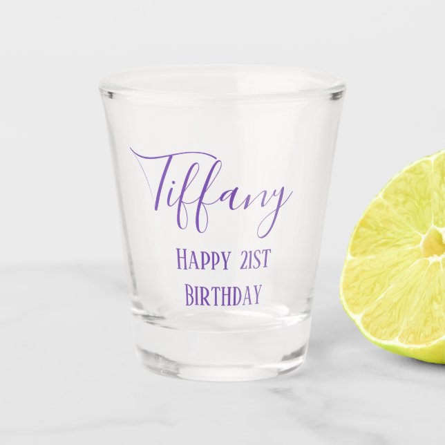 Lavender 21st birthday shot glass (Front)